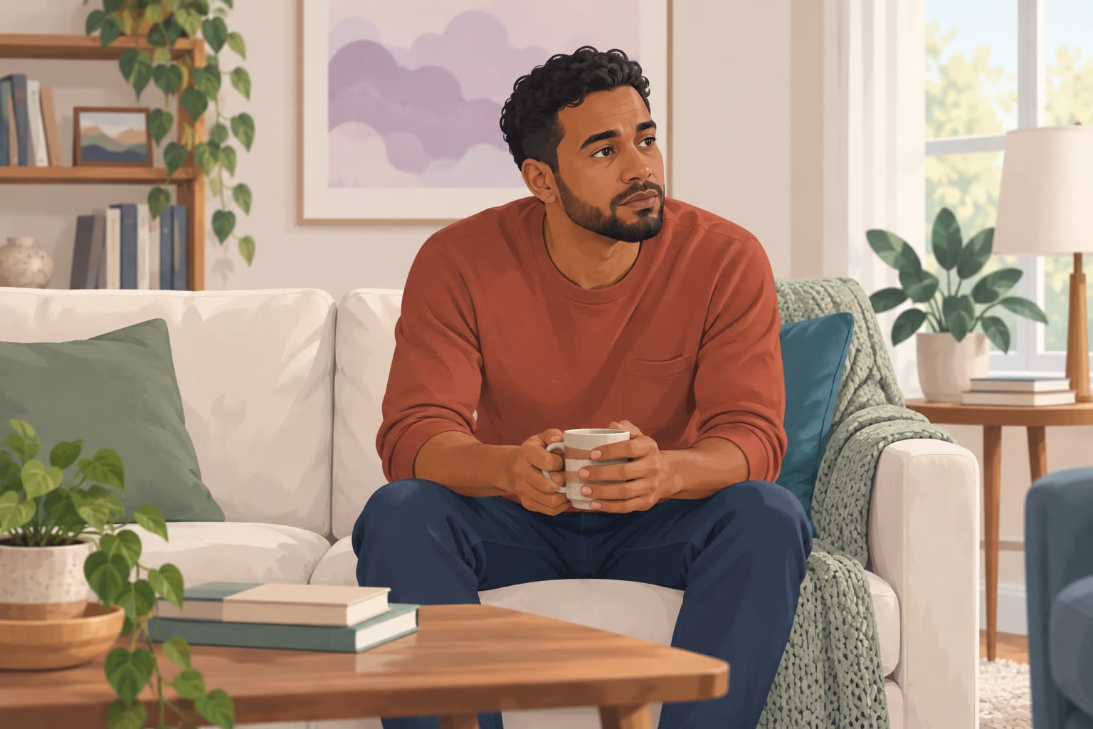 Man sitting quietly on a sofa holding a mug, with a subdued expression illustrating low mood.