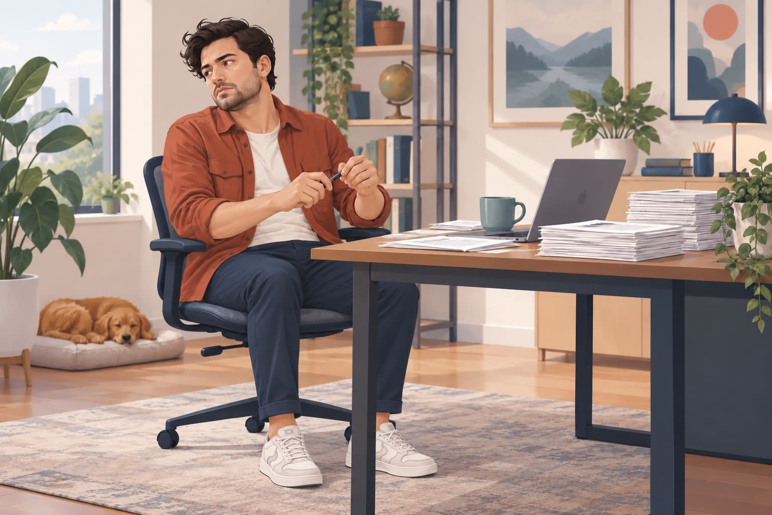 Bored, restless man fidgeting with a pen while seated at a desk beside repetitive office paperwork.