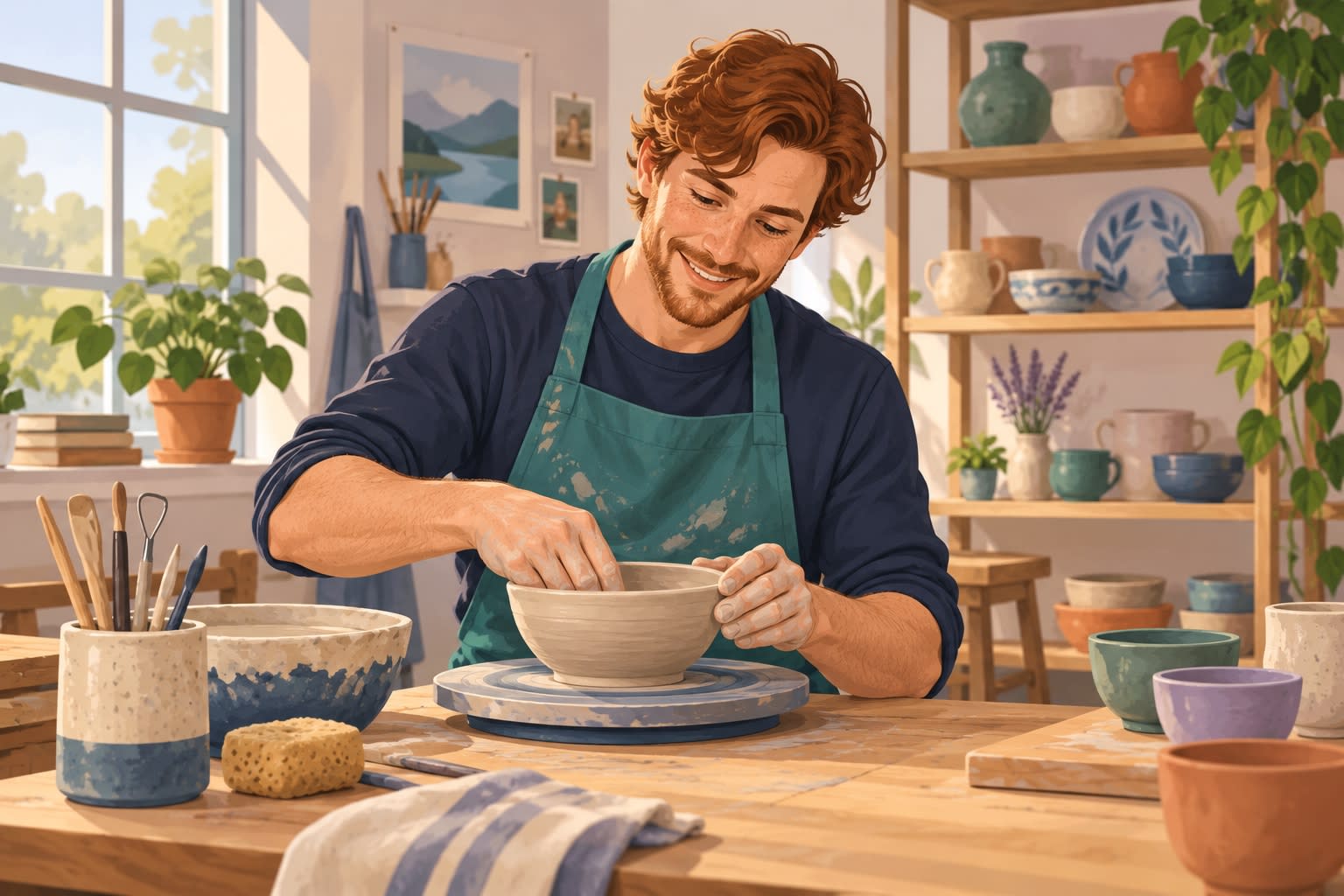 Man enjoying pottery in a bright studio, exploring a new hobby to break a monotonous routine.