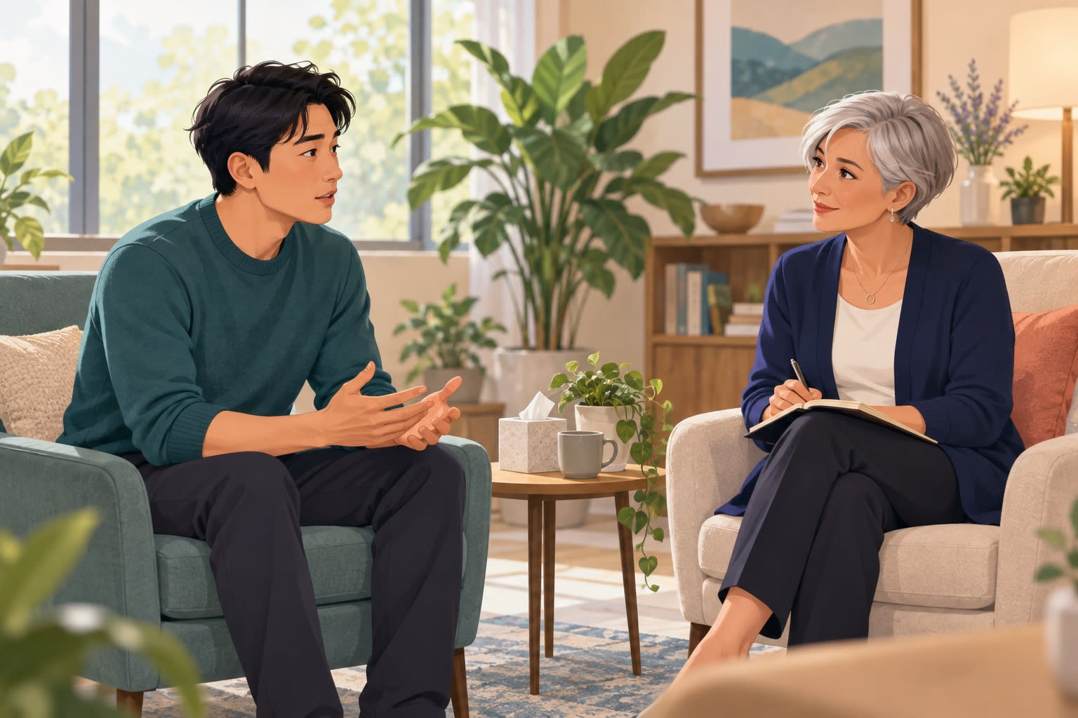 Man discussing his experiences with an attentive therapist in a comfortable counseling room near me.