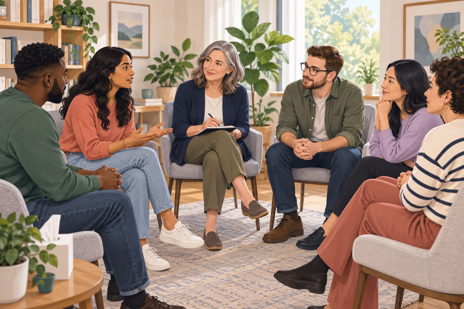 Adults sharing and listening in a therapist-facilitated support group near me in a welcoming room.