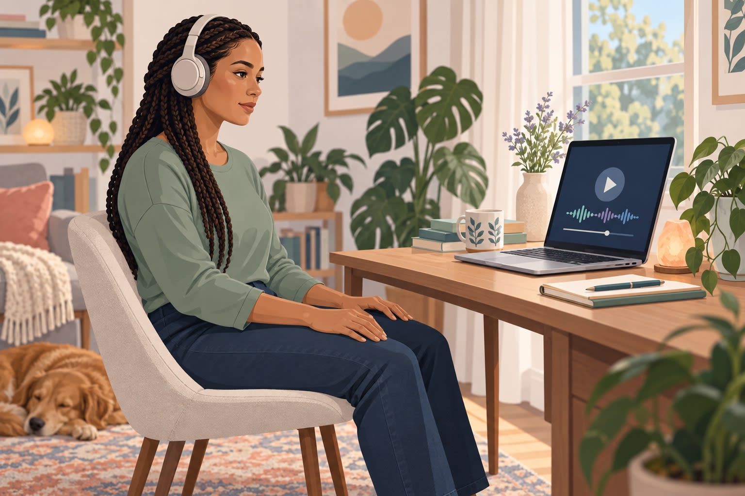 Woman wearing headphones and using a laptop to follow a guided mindfulness exercise at home.