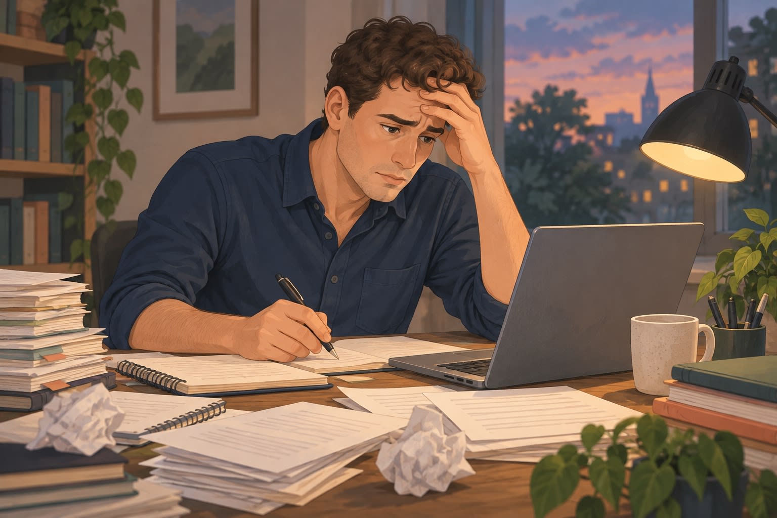 A tired professional repeatedly revising work at a desk late in the evening.