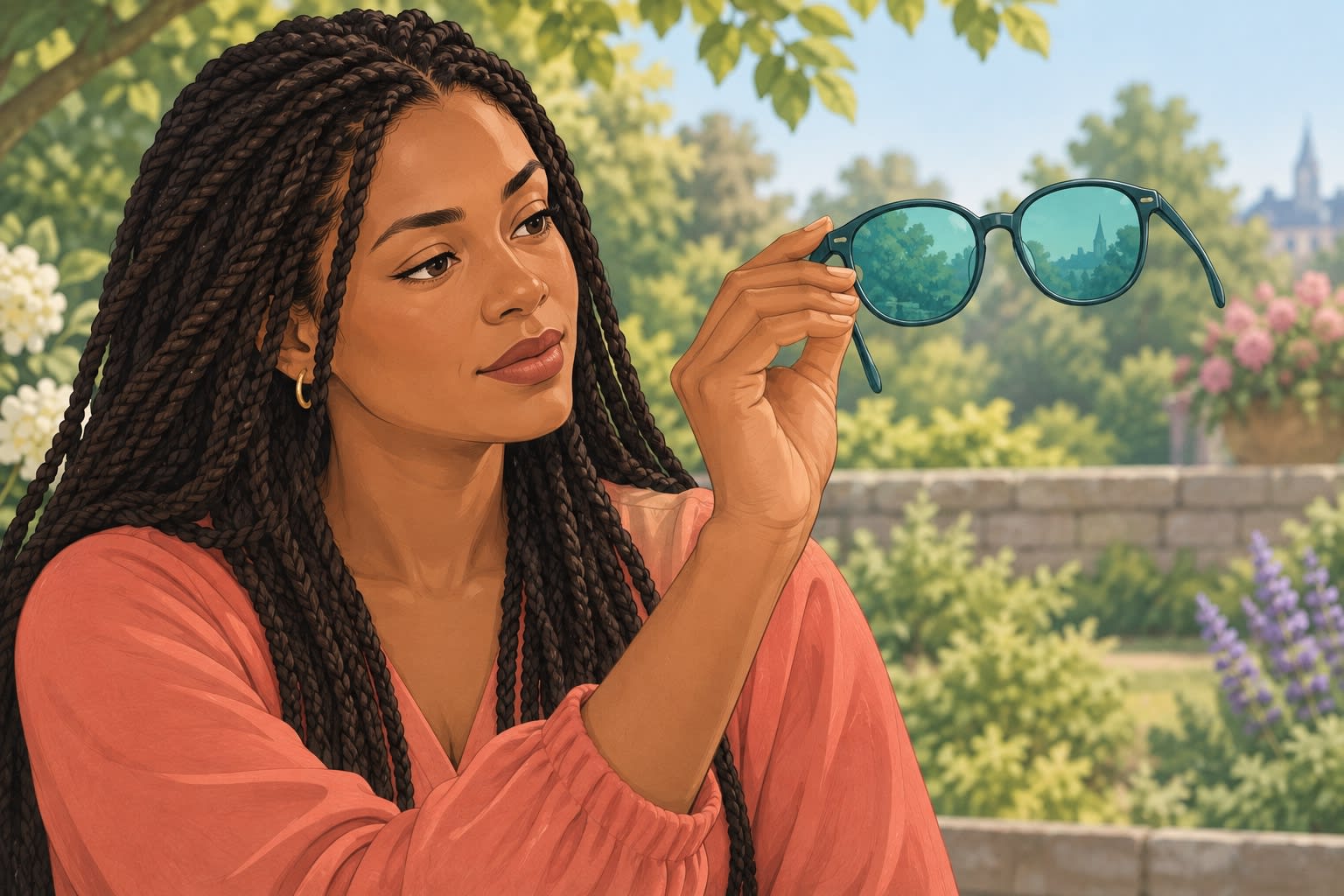 A woman examining tinted glasses as a metaphor for core beliefs shaping perception.