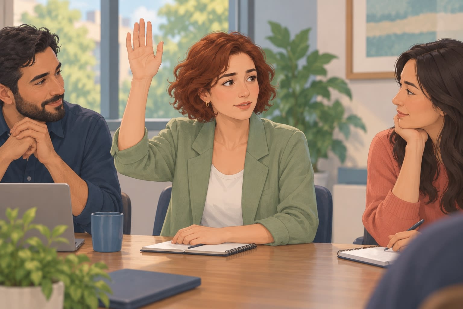 A woman asking a question during a meeting while colleagues listen attentively.