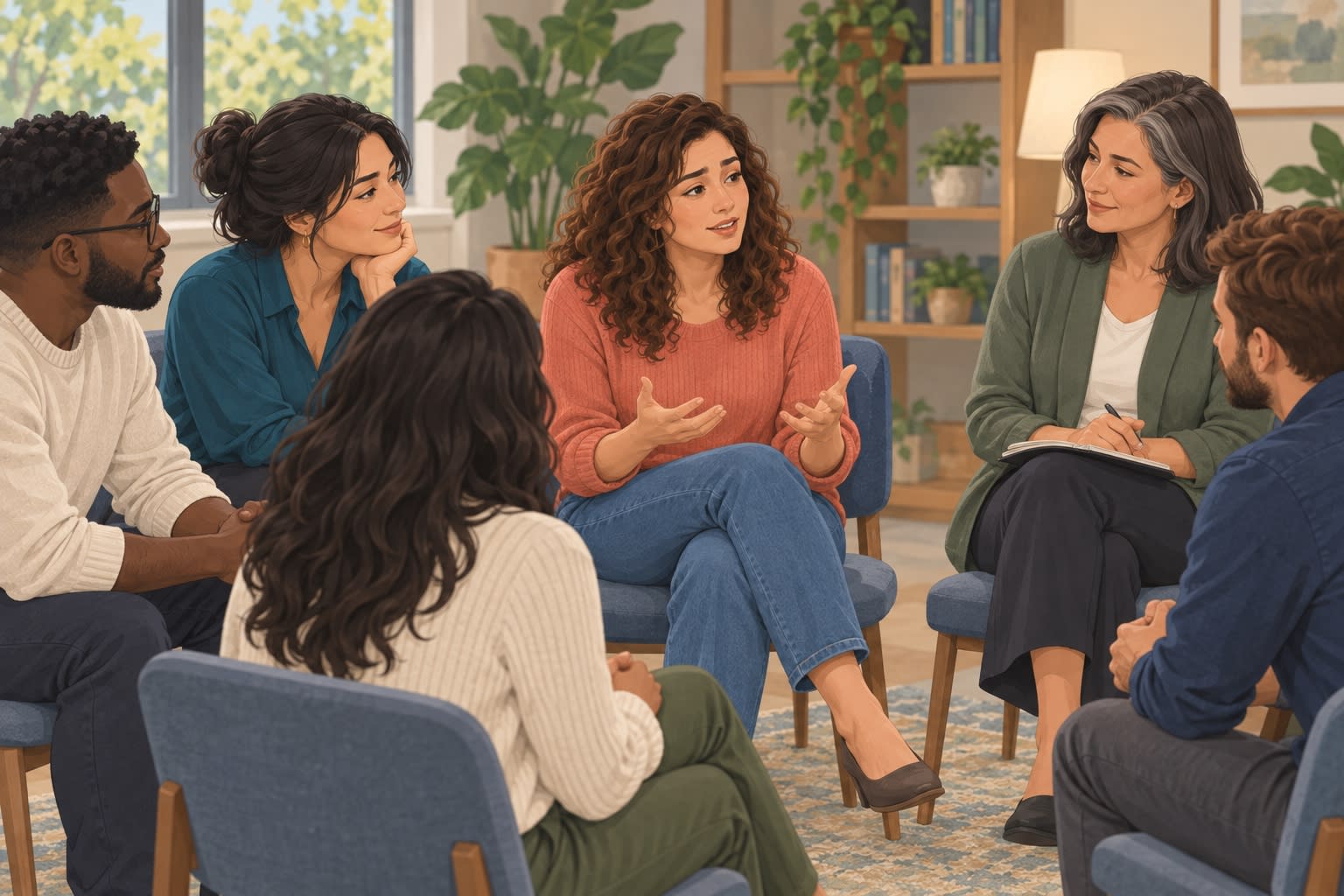 Adults sharing experiences and receiving support in a therapist-facilitated group near me.