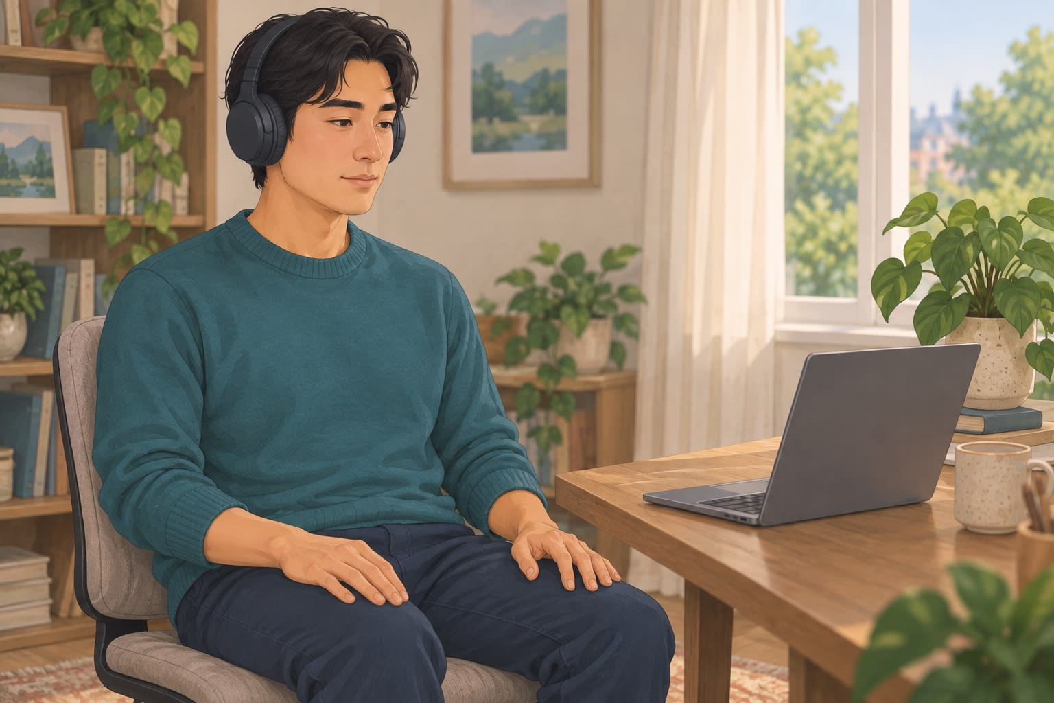 A man wearing headphones and practicing mindful awareness beside his laptop.
