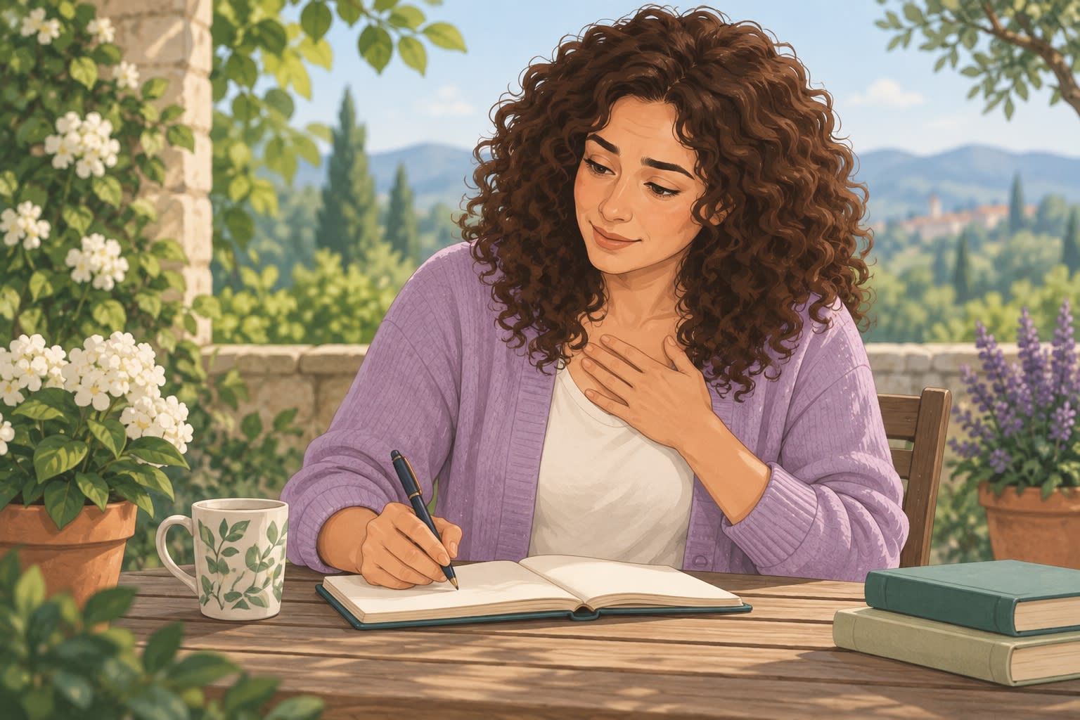 A woman writing a compassionate letter to herself in a notebook.