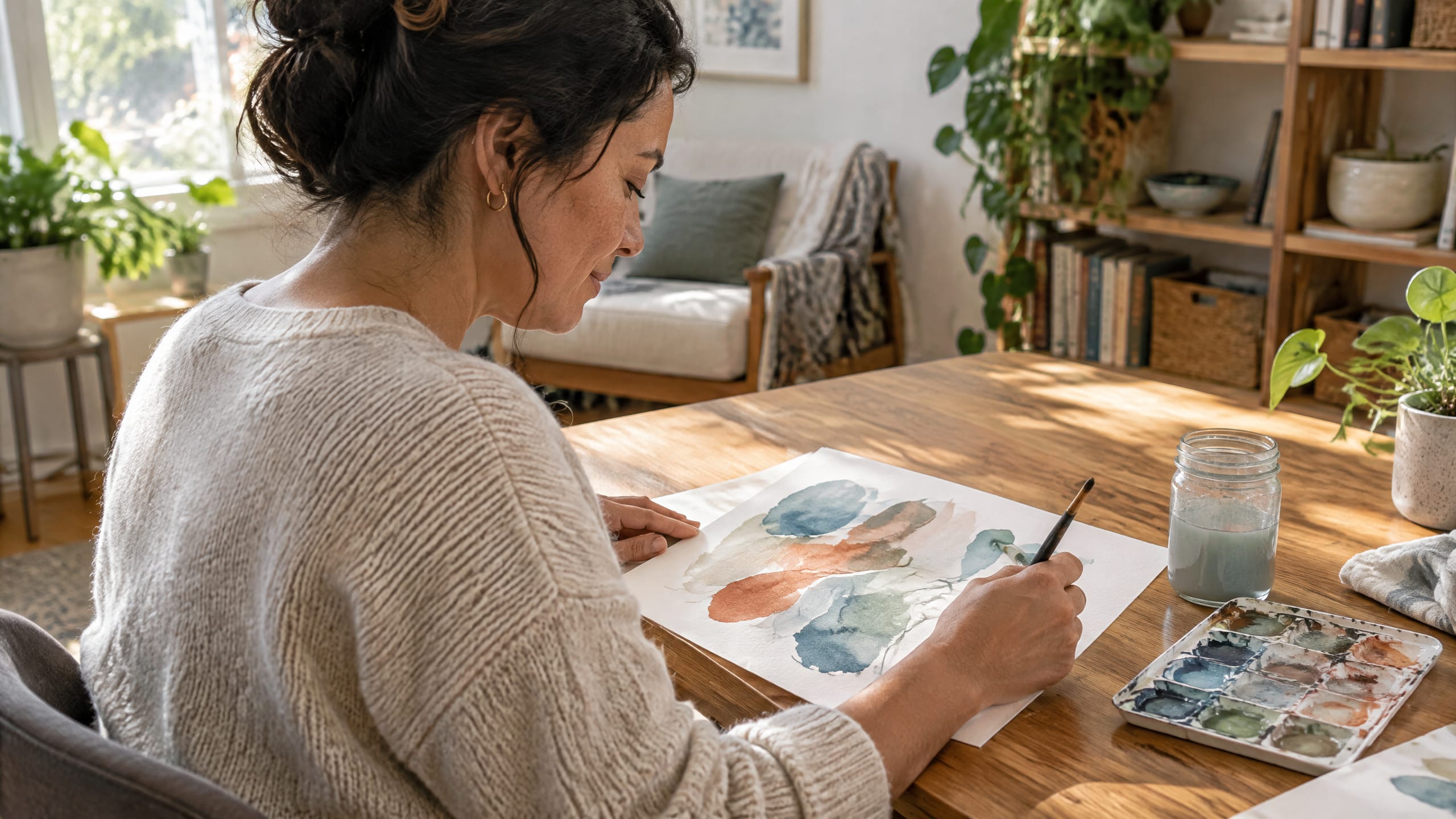 Woman using watercolor painting to process emotions during art therapy for body grief