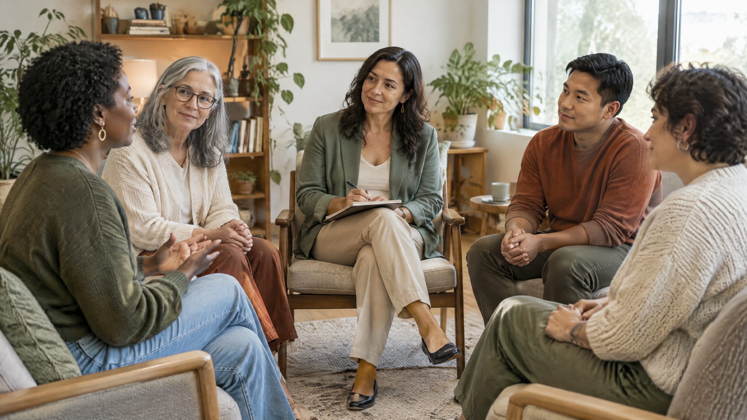 Diverse group of adults participating in a supportive grief counseling session for body grief