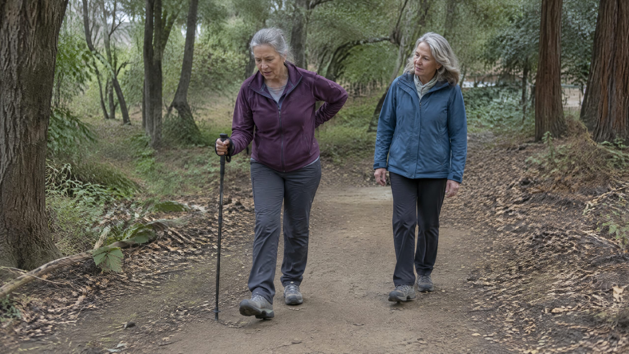 Older woman managing persistent physical discomfort from body grief while walking with a supportive companion