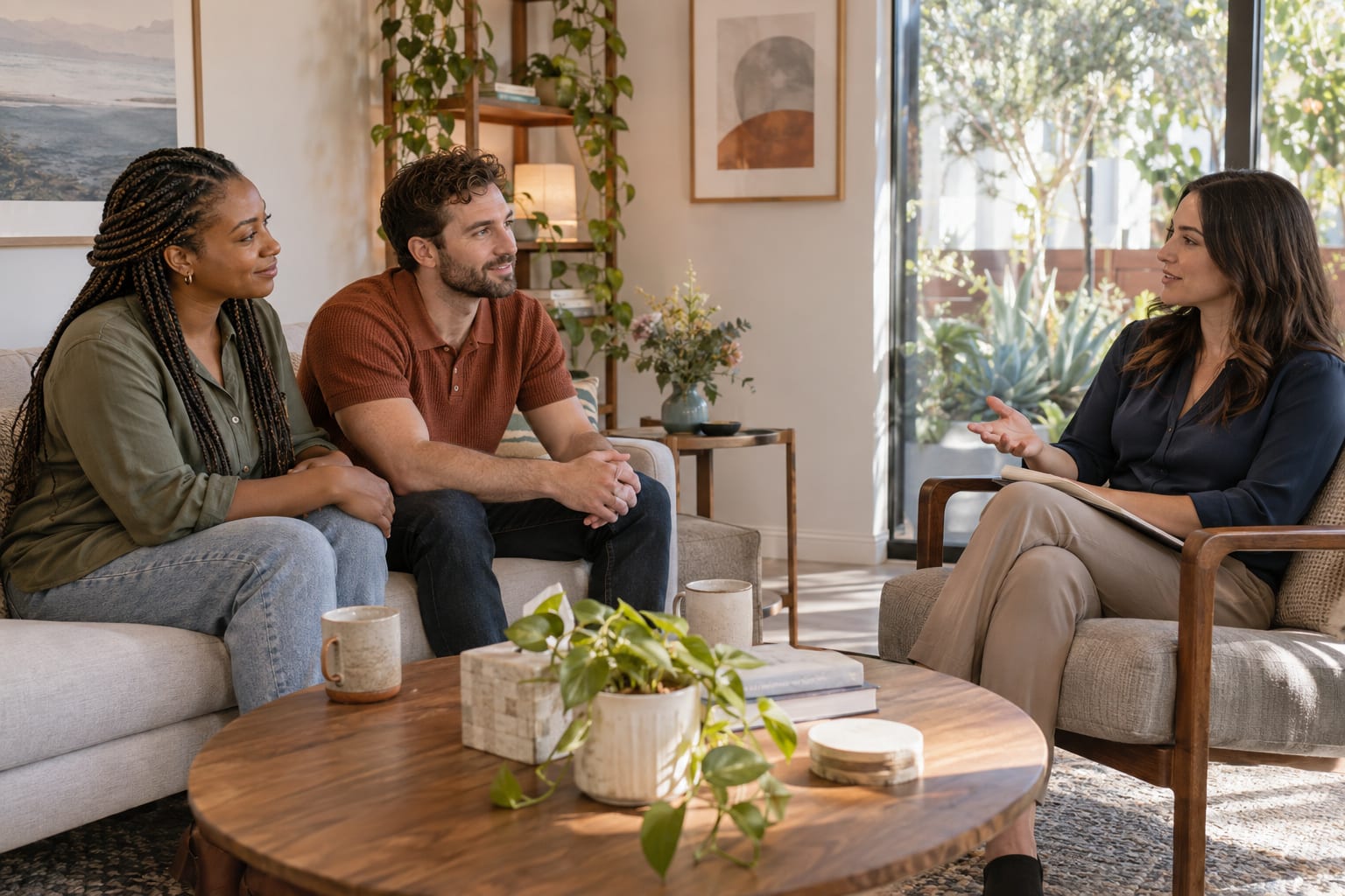 Couple meeting a therapist for an initial consultation in a bright office.