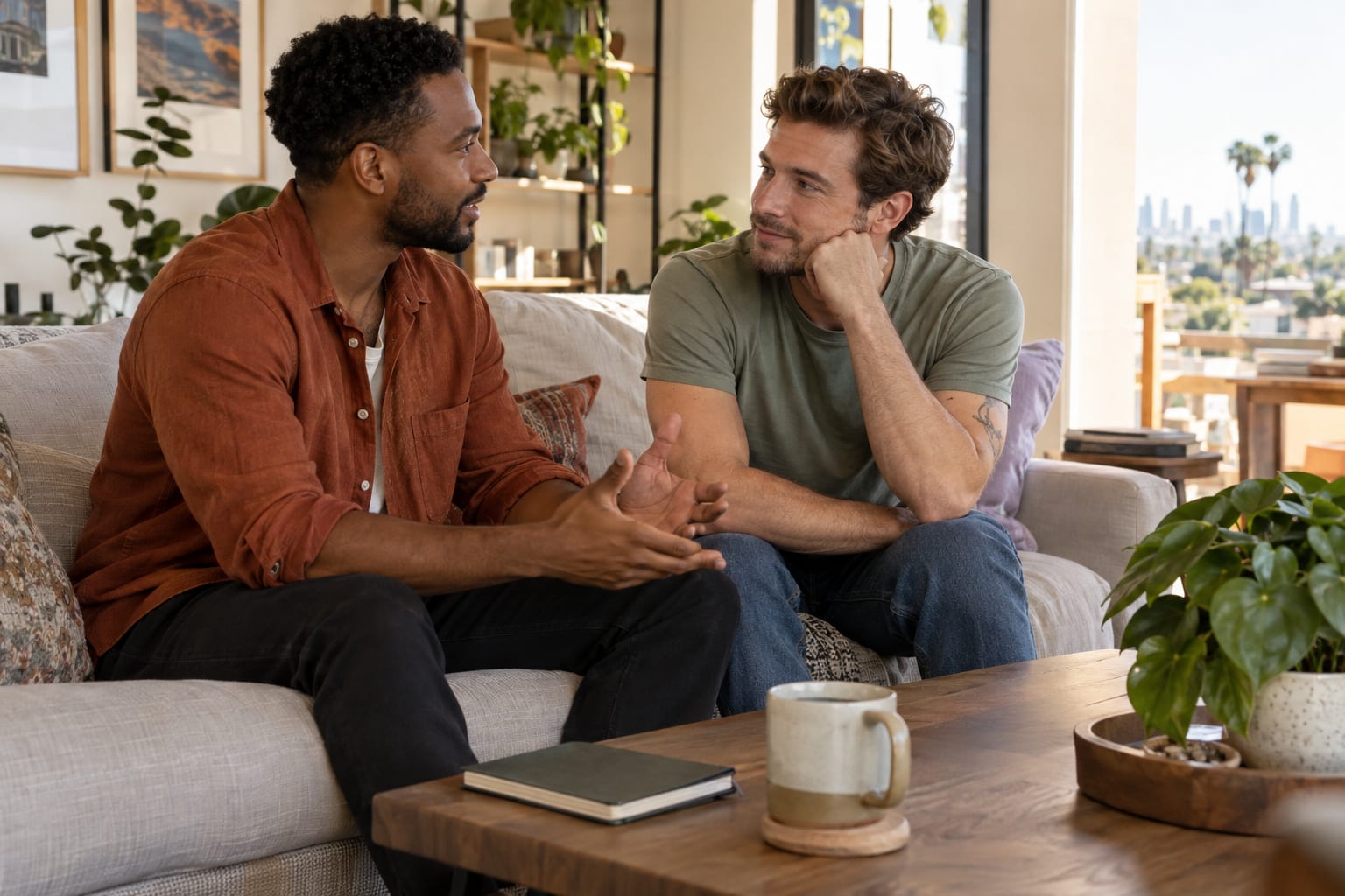 Partners practicing a listening exercise together at home between sessions.