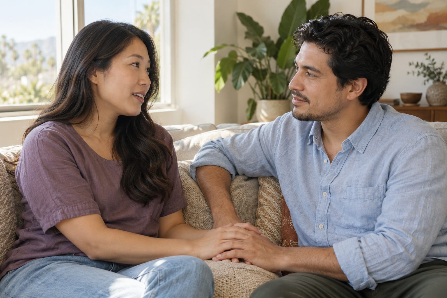 Couple sharing a supportive conversation with warm eye contact and gentle hand contact.