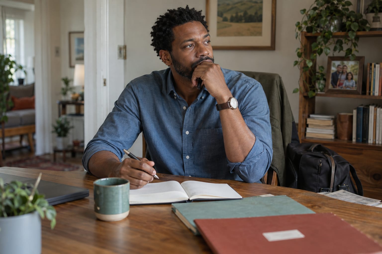 Man considering competing priorities while reviewing a decision at his desk.