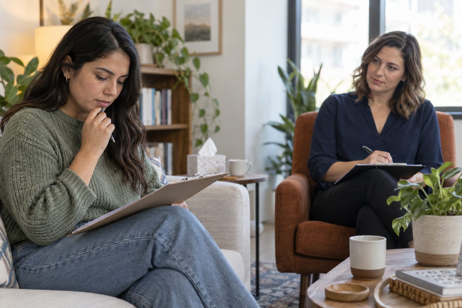 Client reflecting on a questionnaire during an assessment with a therapist.