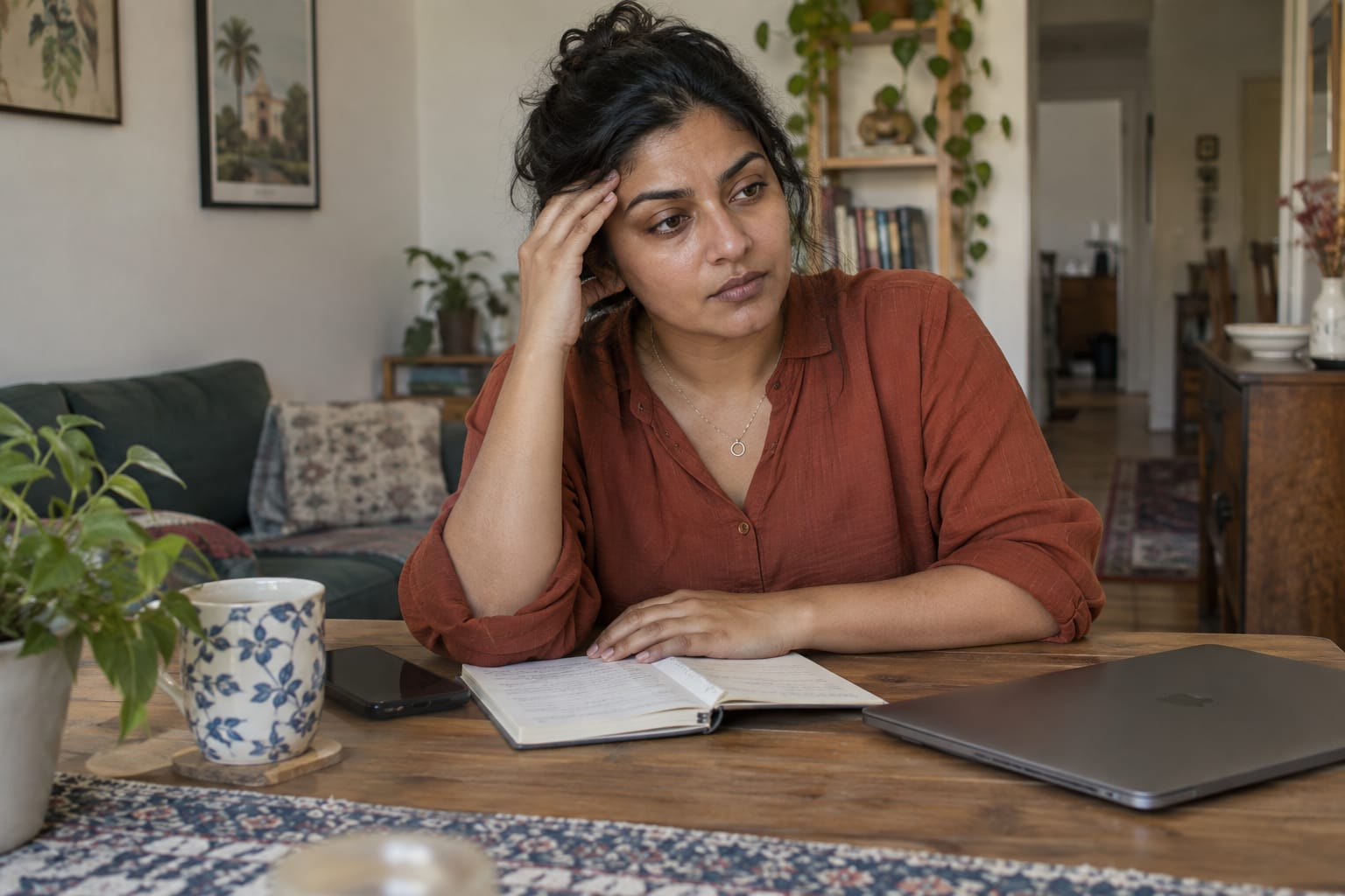 Woman taking a pause while feeling the strain of a difficult decision.