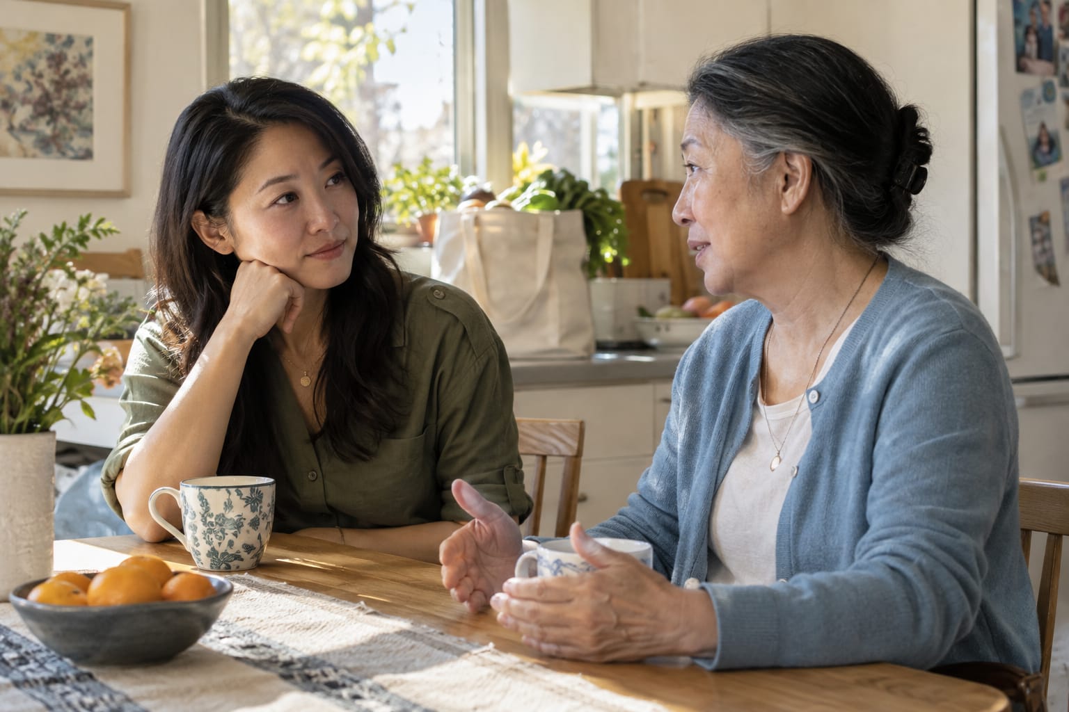 Adult daughter and mother discussing family responsibilities with care and concern.