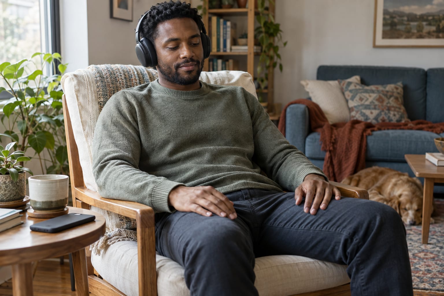Man listening to a guided reflection while seated comfortably at home.
