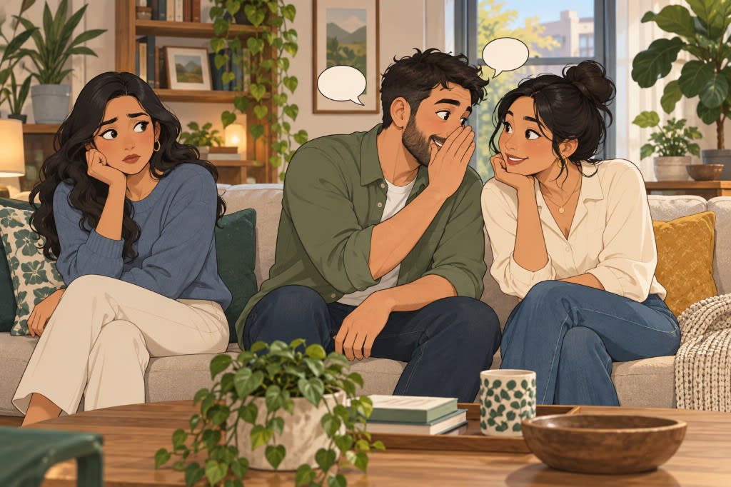 Illustration of three interconnected people representing triangulation in relationships and needing therapist san francisco