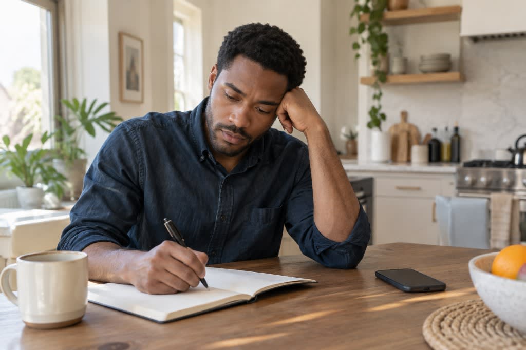 Man reflecting on recurring relationship experiences in a journal.