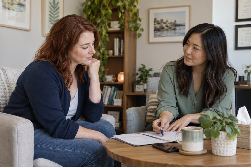 Woman reviewing a personal safety plan with a support advocate.