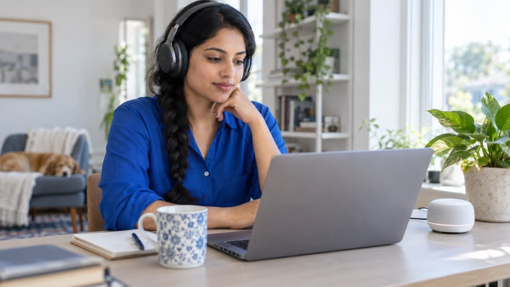 A person is sitting calmly at a desk, wearing over-ear headphones to block out common trigger sounds associated with misophonia, while a small white noise machine nearby provides soothing sound stimulation. This setup helps individuals with selective sound sensitivity syndrome manage emotional reactions to specific sounds in their daily life.