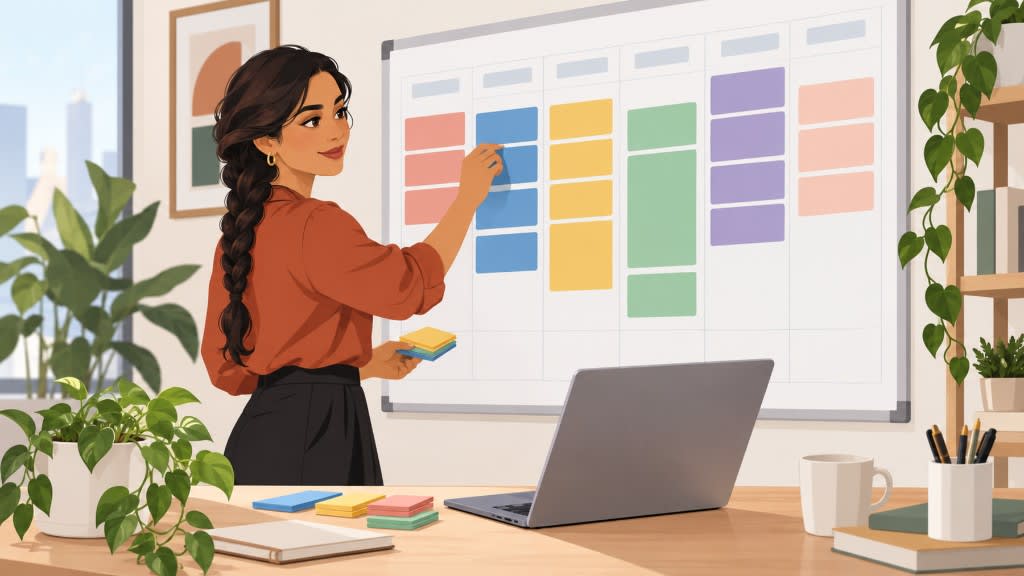 Time blocking and batching routine tasks on a visual board to increase productivity at work