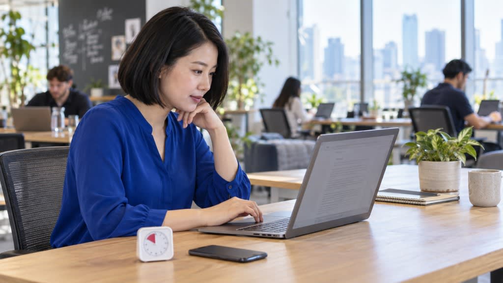 A person is seated at a desk, focused on a computer displaying a single document, while a timer is visible nearby, emphasizing their commitment to managing routine tasks and increasing productivity. This setup highlights the importance of staying focused and organizing tasks effectively to accomplish high impact work.