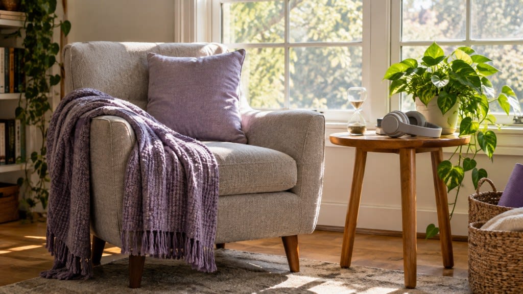 How to start a meditation practice with ADHD: a simple chair, timer, and plant ready for a short sit