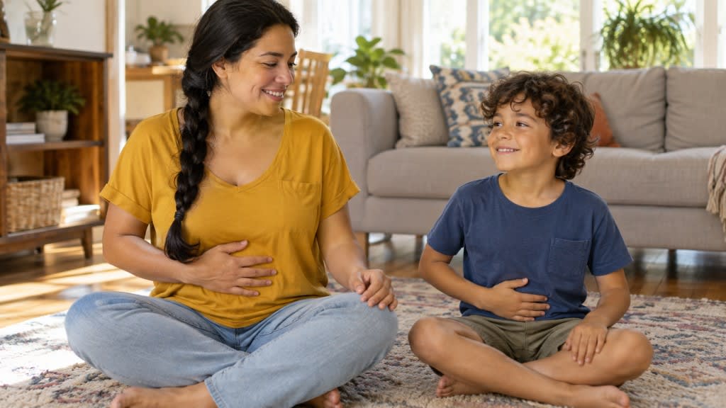 Meditation with ADHD kids and teens: a parent and child practicing short belly breathing together