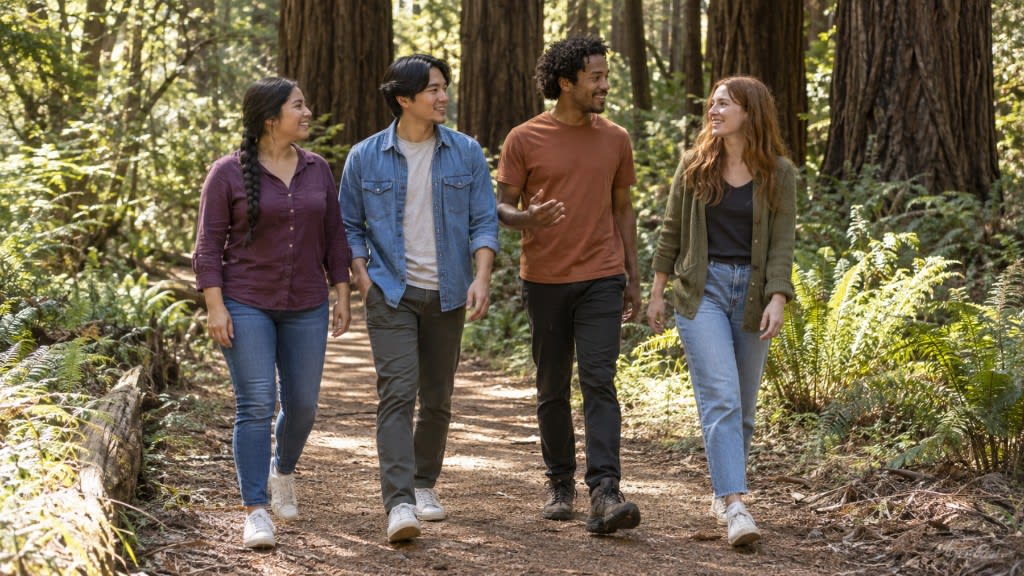 Inside a burnout recovery retreat at Bay Area CBT Center: walking together in a California redwood forest as part of the day