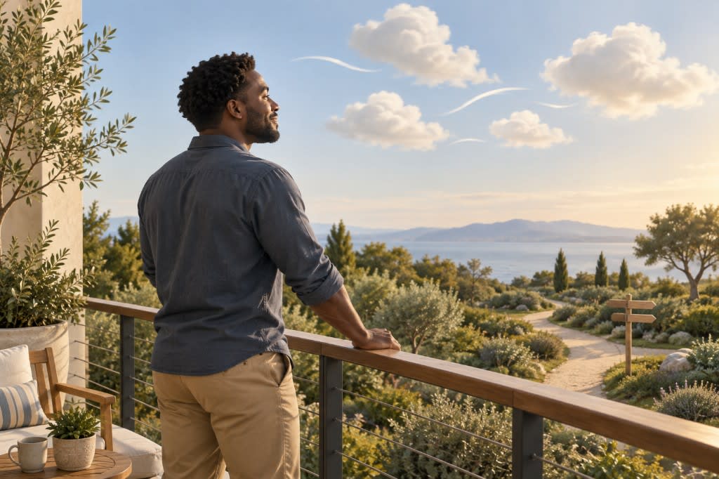 A man stands on a balcony looking out over a path and signpost, practicing acceptance instead of fighting stress