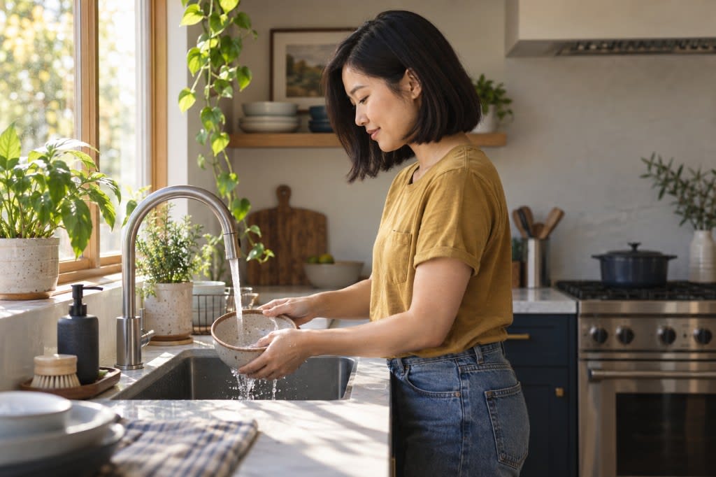 A woman washing dishes at a sunlit kitchen sink as an everyday mindfulness practice for stress