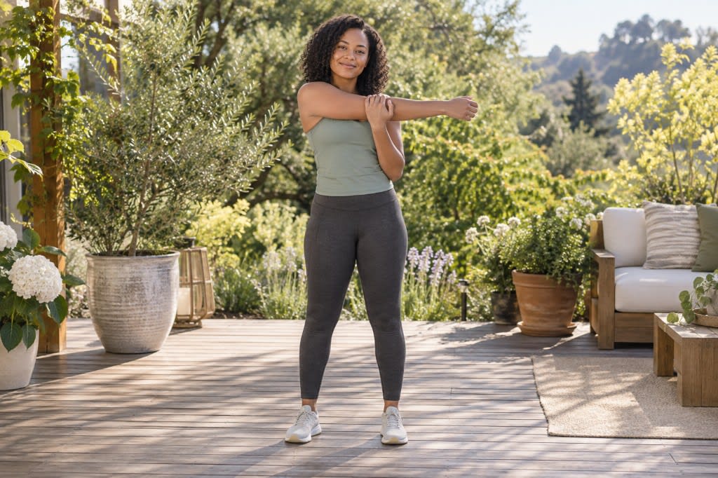 A woman stretching outdoors on a sunlit deck to discharge physical tension and complete the stress cycle