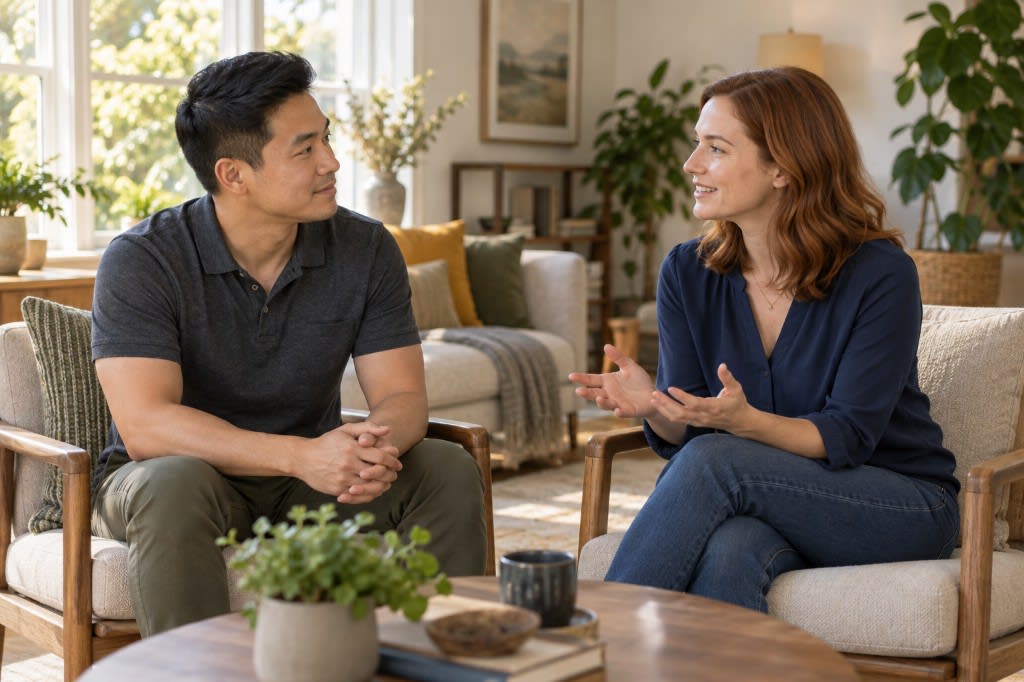 A couple sitting on a sofa talking calmly through relationship stress using clear requests