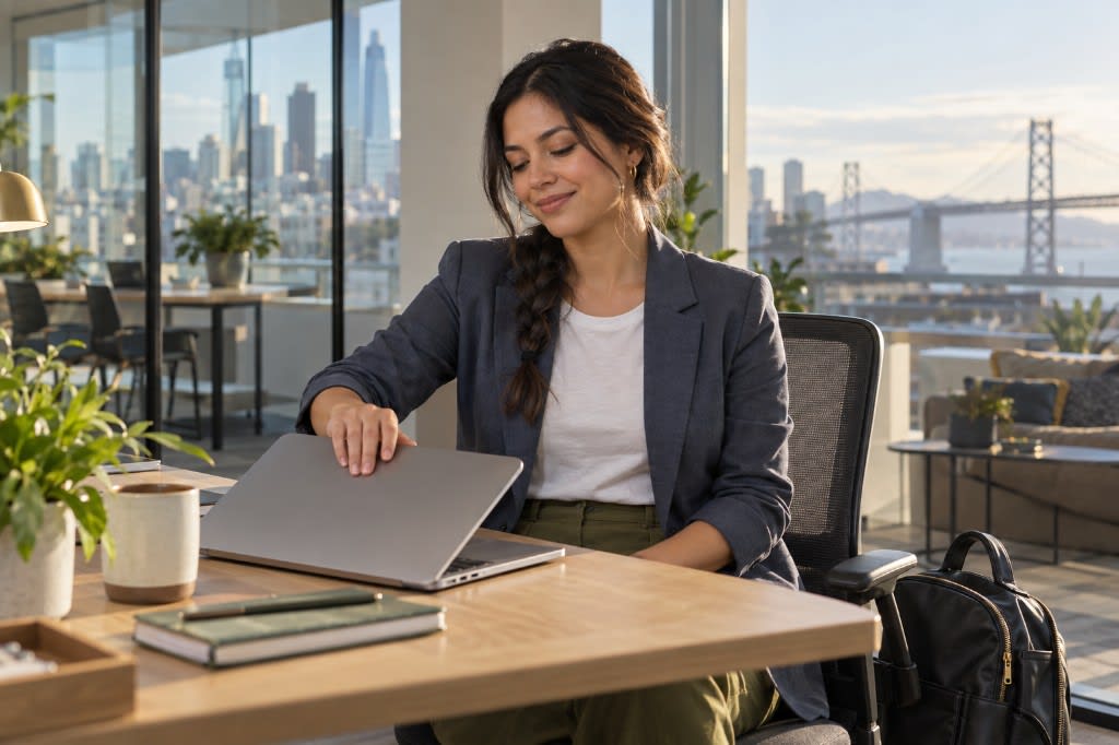 A woman closing her laptop at the end of the workday to hold a hard stop and limit work stress