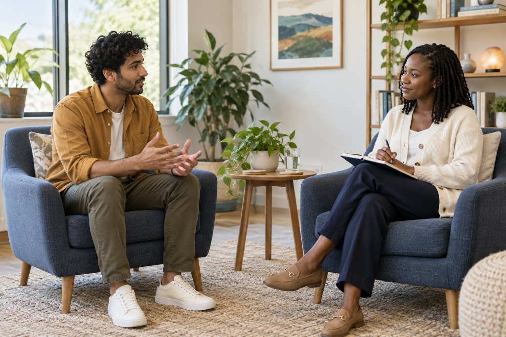 A man talking with a therapist in a bright office during a stress management therapy session