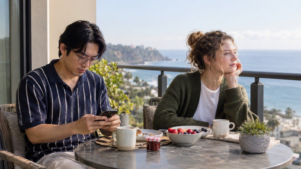 Romantic getaway not fixing the relationship: one partner on a phone at breakfast while the other looks out at the coast