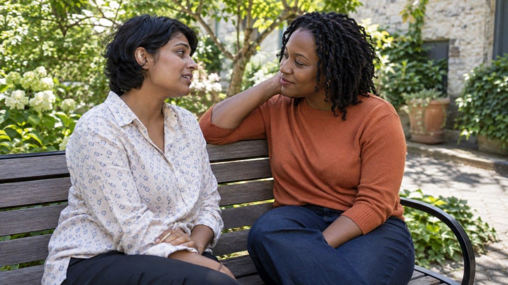 Attachment and attunement: two partners talking closely on a garden bench