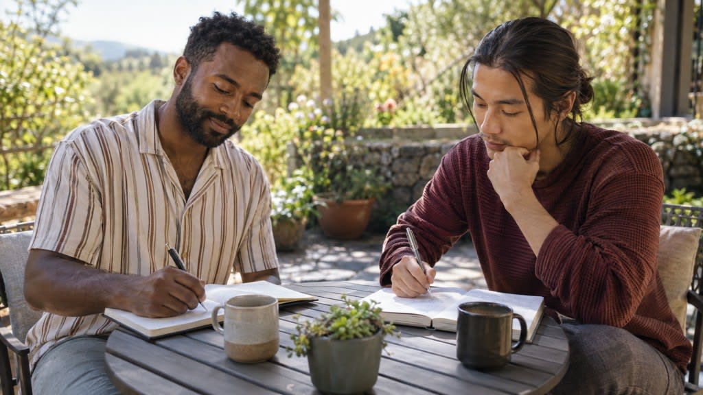 Couples retreat format: partners journaling between sessions at an outdoor table