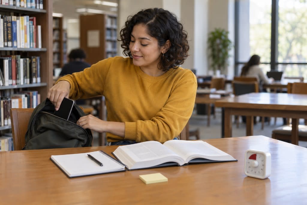 A student zipping her phone into her backpack before starting a timed study block in the library