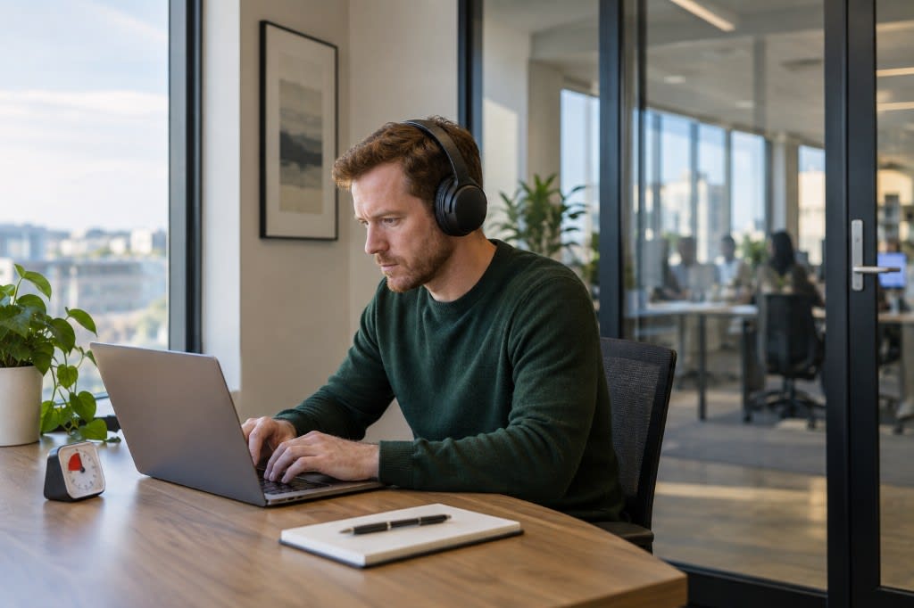 Headphones on, phone out of reach, and a visual timer running beside a laptop in a shared office