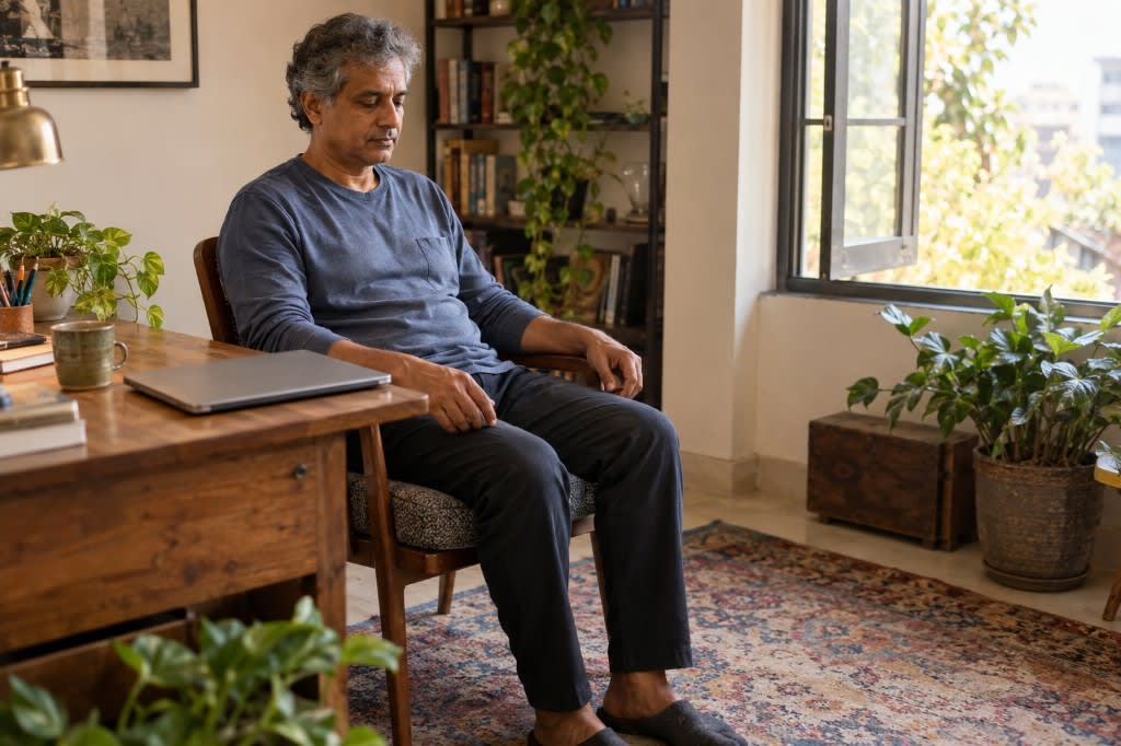 A man pausing at his desk with eyes closed for a few slow breaths before returning to work