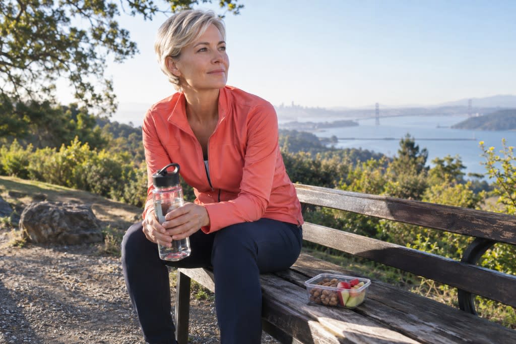 A midday break outdoors with water and a real snack, the physical side of concentration