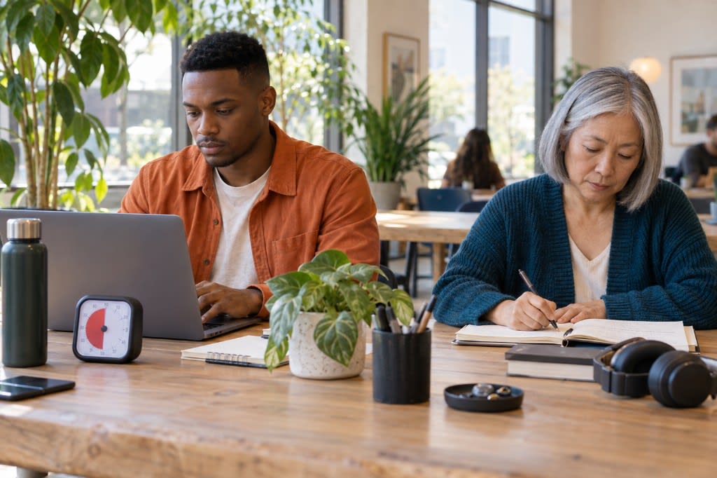 Two people working side by side at a shared table, using body doubling for accountability