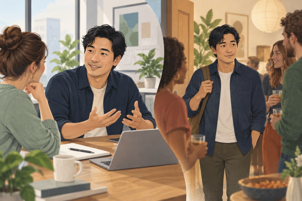 The same person confident while talking in a work meeting and unsure walking into a party, showing how confidence shifts by situation