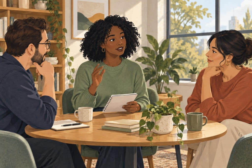 Someone speaking up in a small group discussion while still feeling nervous, acting before the confidence arrives