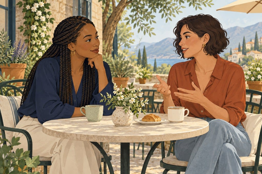 Two friends in conversation over coffee, one listening closely instead of monitoring her own performance