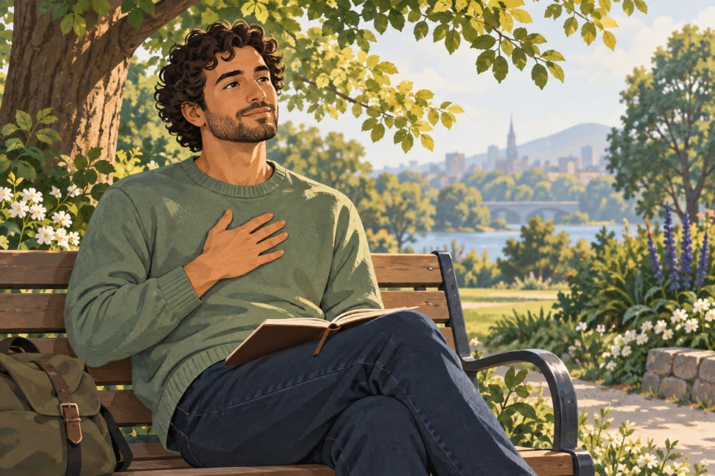 A man resting on a park bench with a hand on his chest, offering himself kindness after a hard day